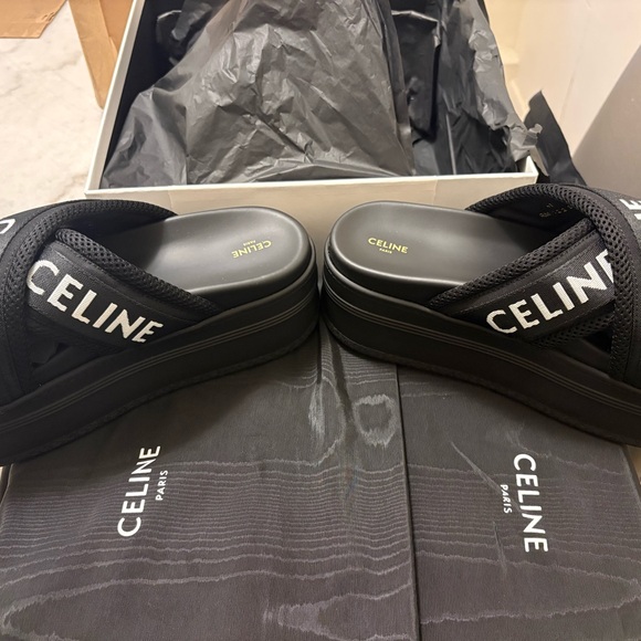 Celine Black Logo Cross-Strap Slide Sandals - Picture 2 of 5